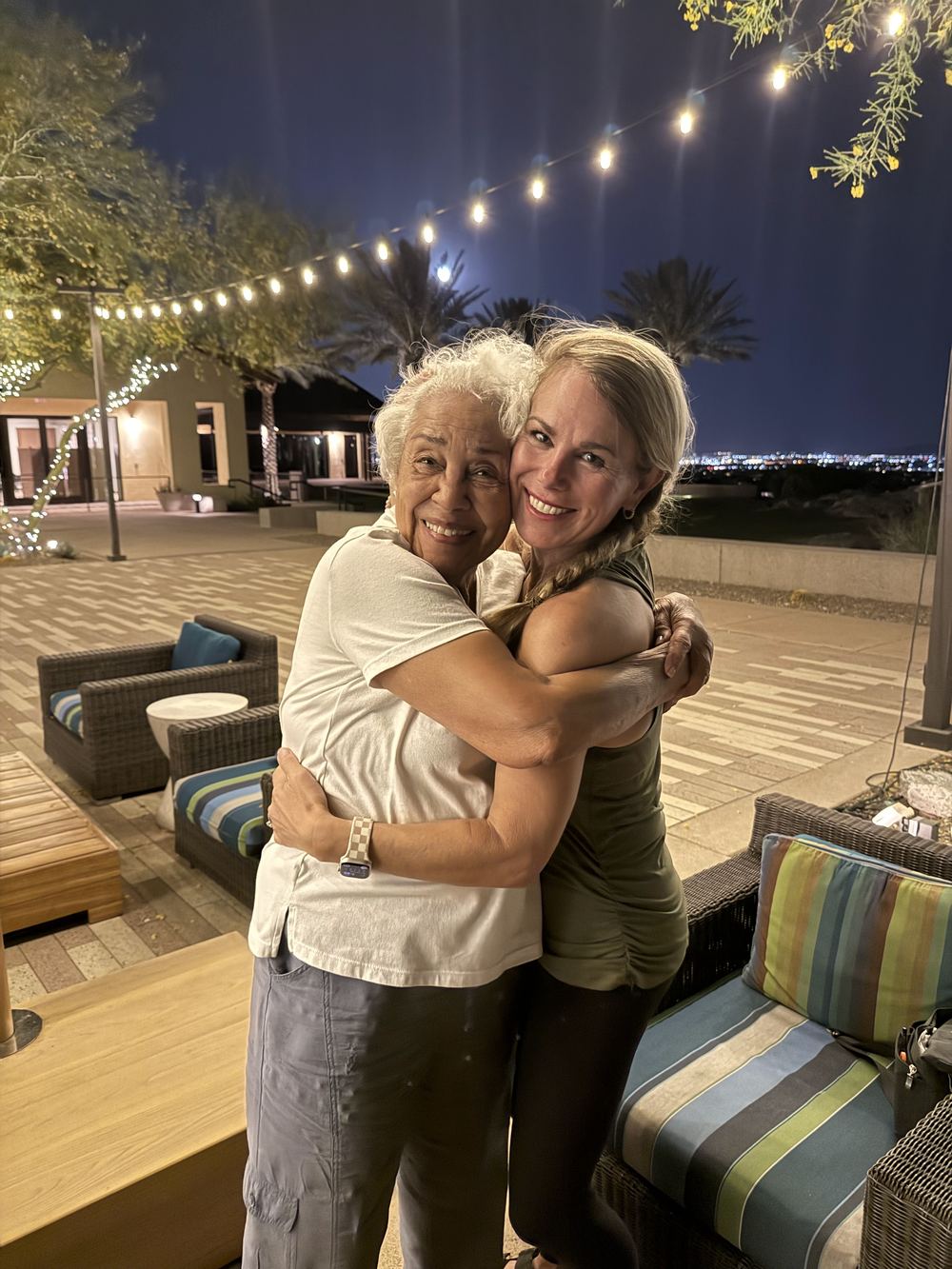 Dana and Grandma hugging at night