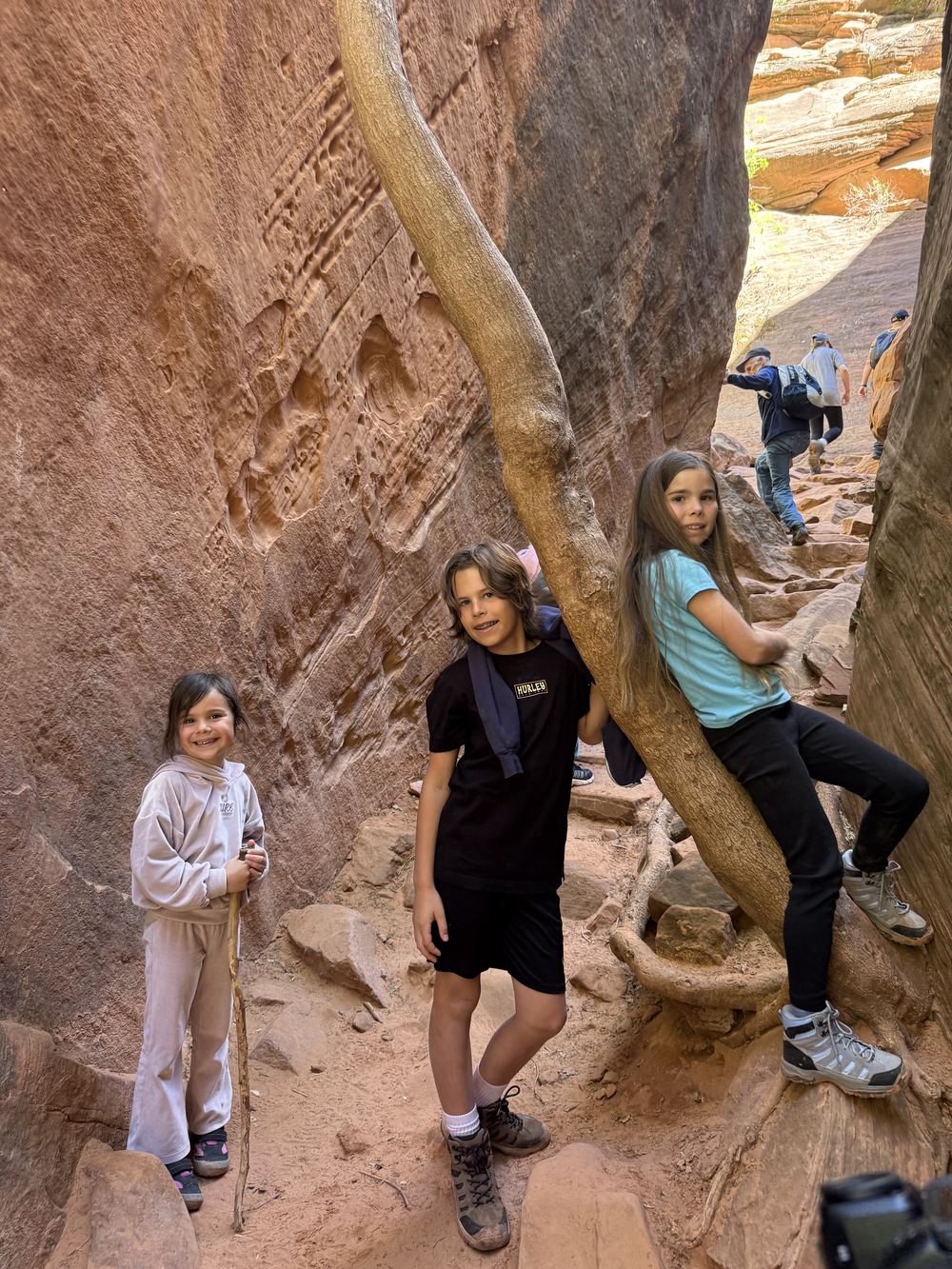 Three kids in slot canyon beside tree