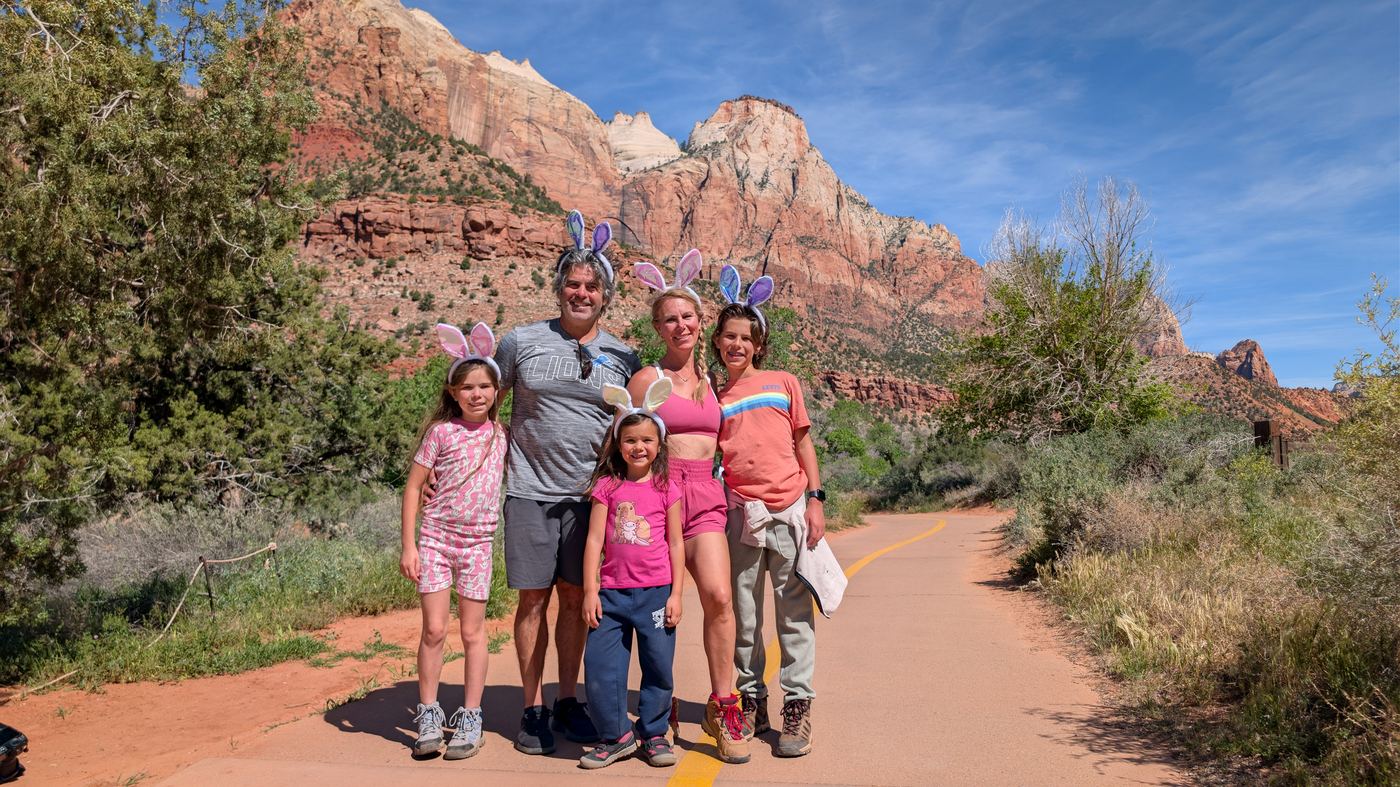 Whole family in Easter bunny ears on the Zion trail